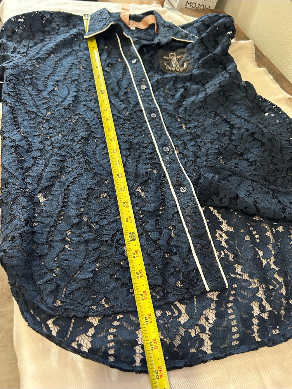 No.21  navy blue lace button down rhinestone anchor shirt size large - Picture 11 of 11
